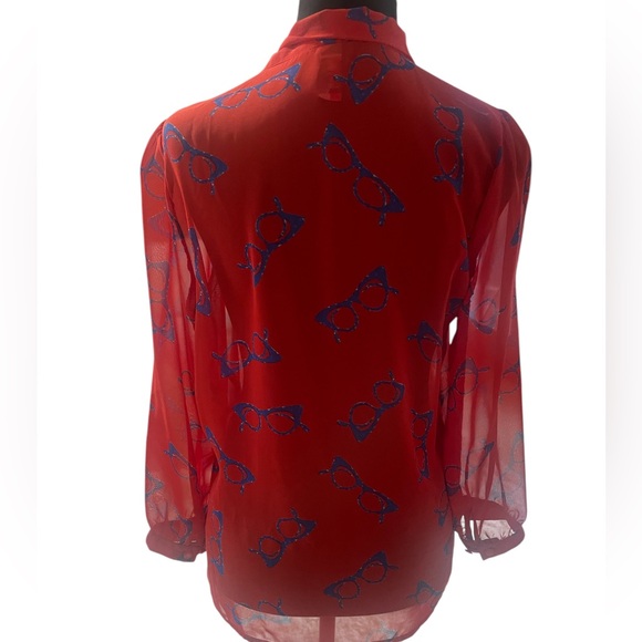 Retro Red,blue eye glasses print, sheer,button down neck bow tie blouse, small - Picture 3 of 8